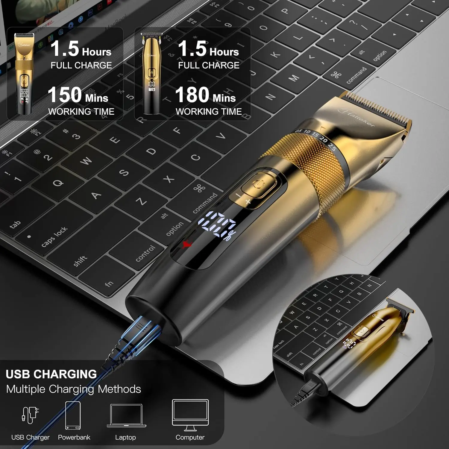 This professional gold hair clipper and T-blade trimmer kit offers adjustable blades, multiple guide combs, and a smart digital display for easy speed control and cordless operation for haircutting and beard grooming.