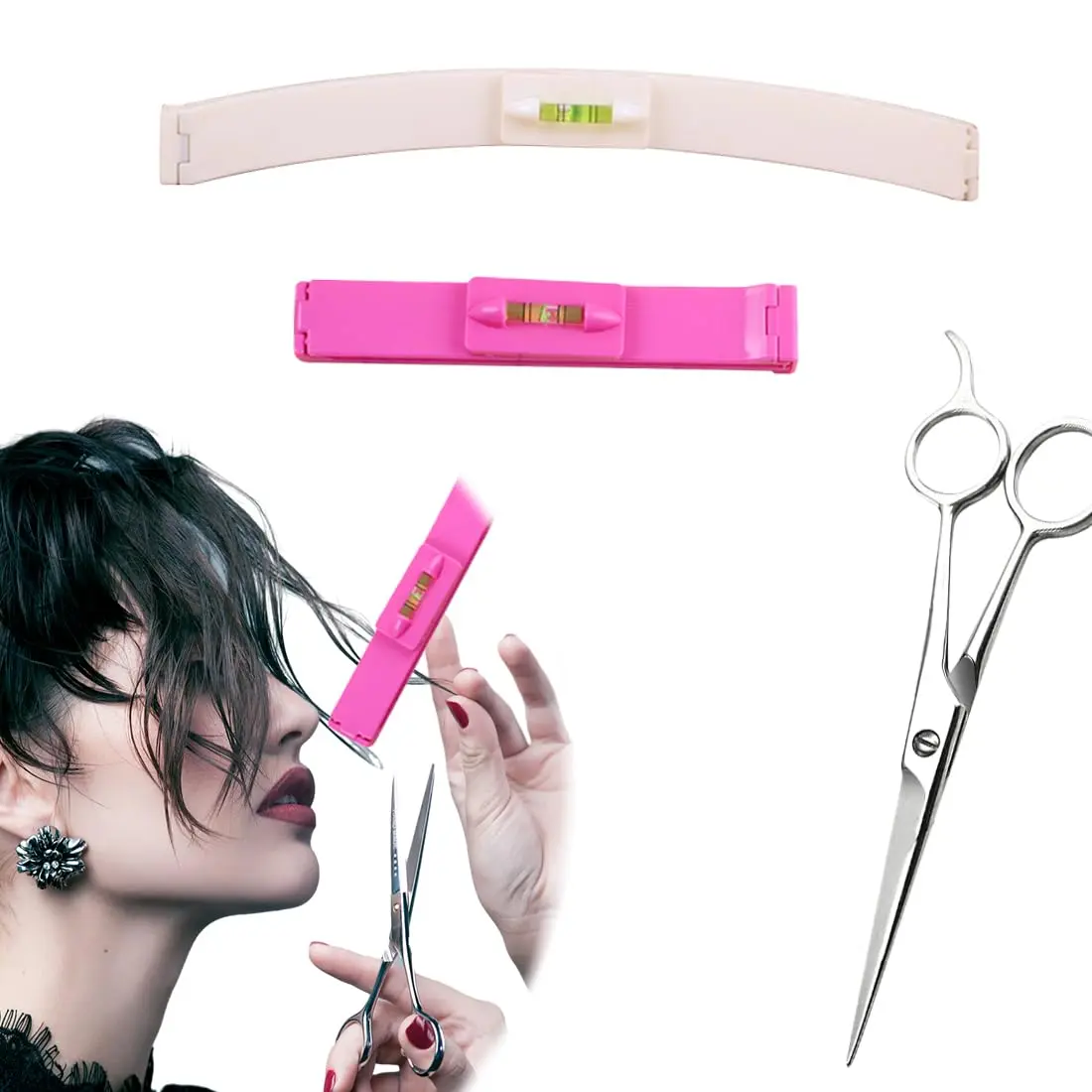This hair cutting aid clip set includes a styling ruler and scissors for easy DIY haircuts at home, perfect for achieving even bangs and layered styles for the whole family.