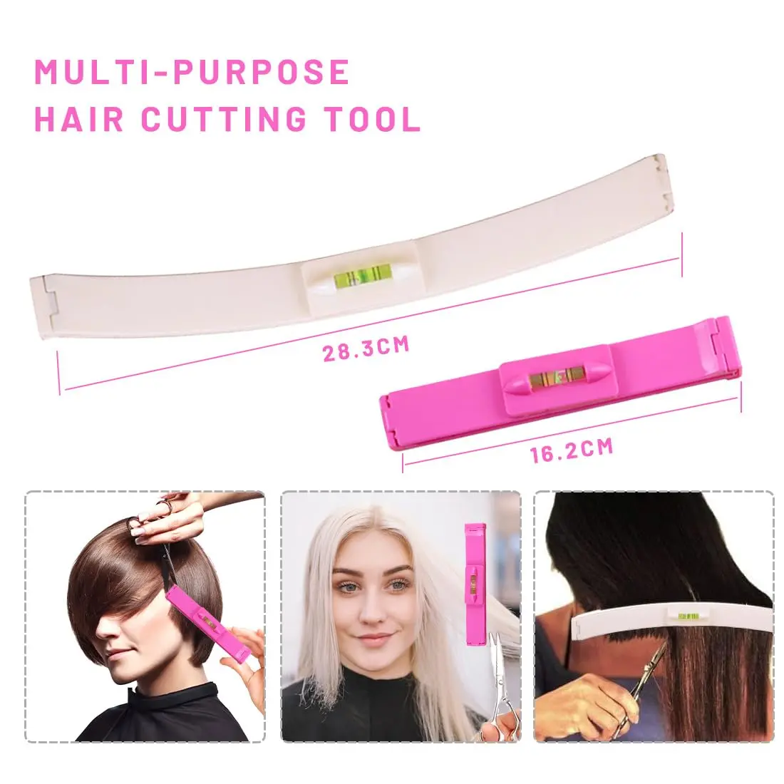 This hair cutting aid clip set includes a styling ruler and scissors for easy DIY haircuts at home, perfect for achieving even bangs and layered styles for the whole family.
