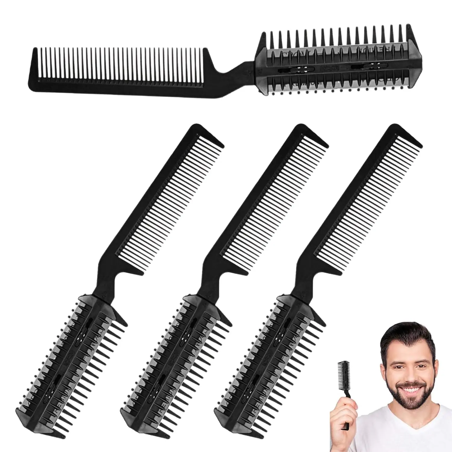 This hair cutting comb set includes four double sided thinning and styling razors for easy DIY or professional hairdressing.