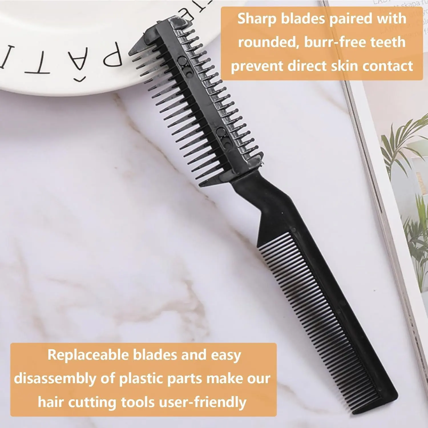 This hair cutting comb set includes four double sided thinning and styling razors for easy DIY or professional hairdressing.
