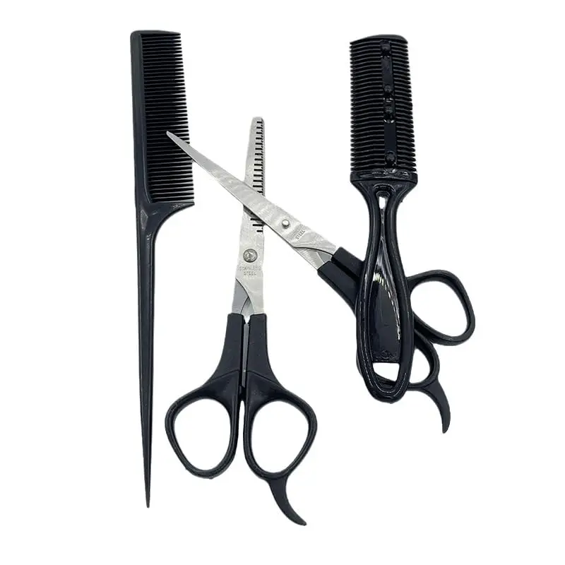 This image shows a complete four-piece hair cutting kit including hair cutting shears, thinning shears, a styling comb, perfect for women and men's hairstyling needs.