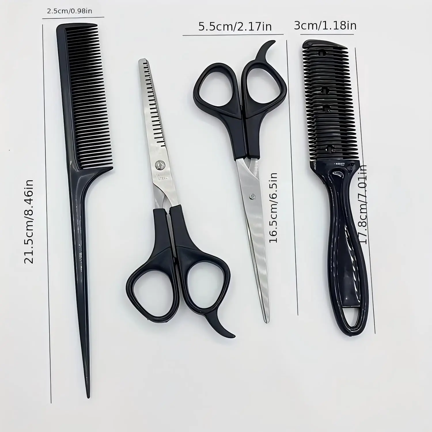This image shows a complete four-piece hair cutting kit including hair cutting shears, thinning shears, a styling comb, perfect for women and men's hairstyling needs.