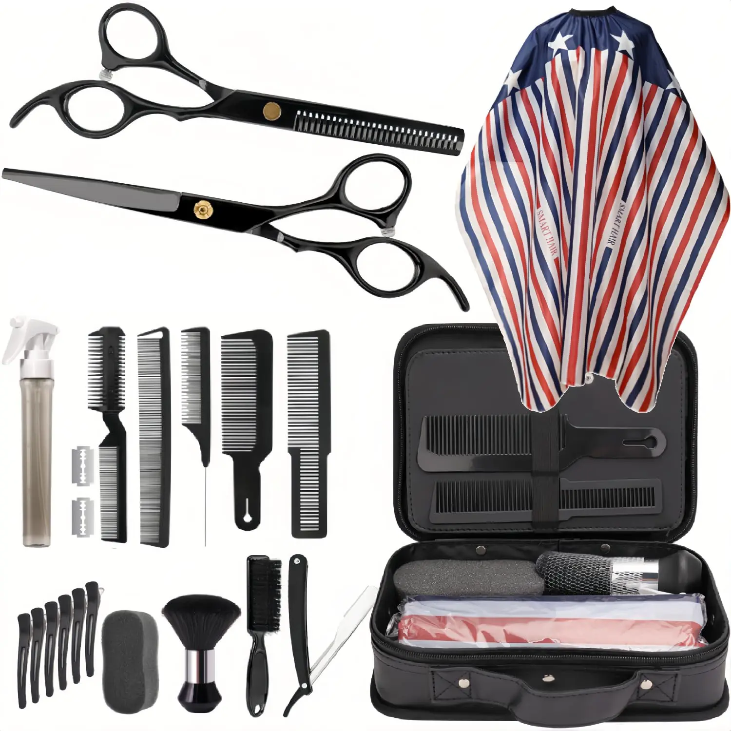 This 22-piece professional hair cutting kit includes hairdressing scissors, a barber cape, combs, and a convenient barber bag for salon, home, or barber use.