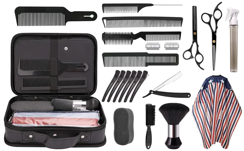 This 22-piece professional hair cutting kit includes hairdressing scissors, a barber cape, combs, and a convenient barber bag for salon, home, or barber use.