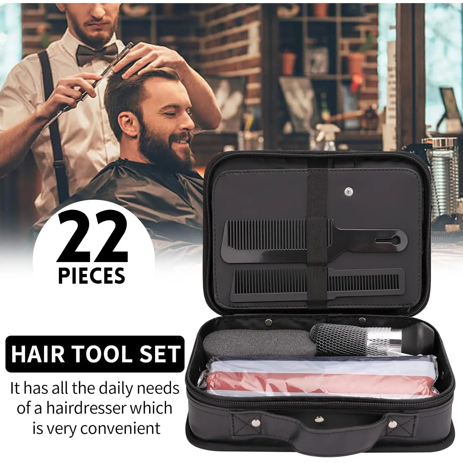 This 22-piece professional hair cutting kit includes hairdressing scissors, a barber cape, combs, and a convenient barber bag for salon, home, or barber use.