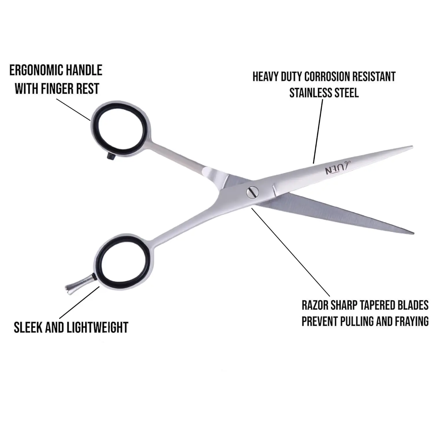 Premium stainless steel hair cutting scissors with adjustable tension and ergonomic handle for professional or home use on wet or dry hair.