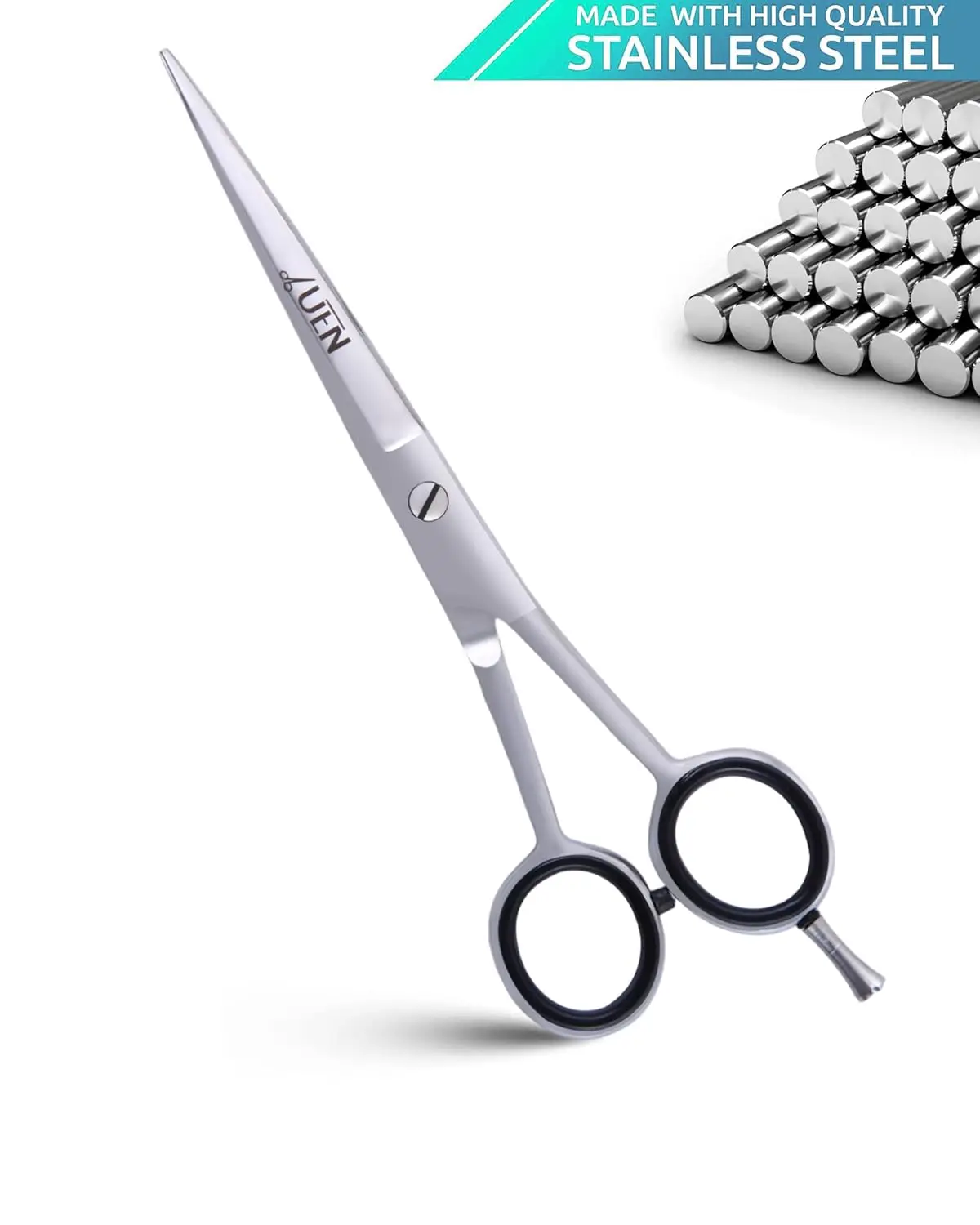 Premium stainless steel hair cutting scissors with adjustable tension and ergonomic handle for professional or home use on wet or dry hair.