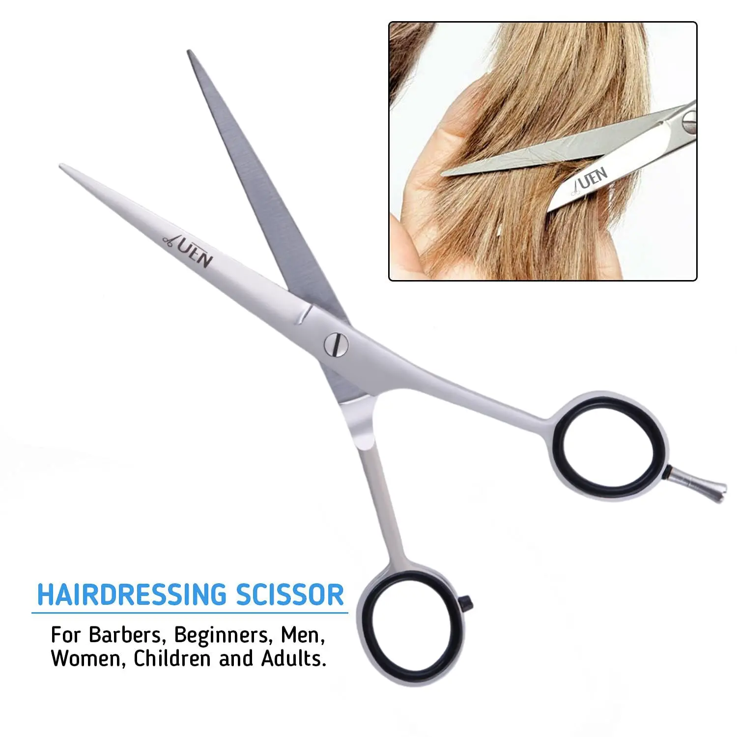 Premium stainless steel hair cutting scissors with adjustable tension and ergonomic handle for professional or home use on wet or dry hair.