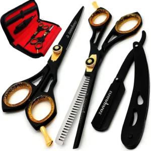 This professional Saaqaans hair cutting scissors set includes haircutting shears, thinning shears, a straight edge razor with blades, and a comb, all neatly stored in a luxury case, perfect for barbers and hairdressers.