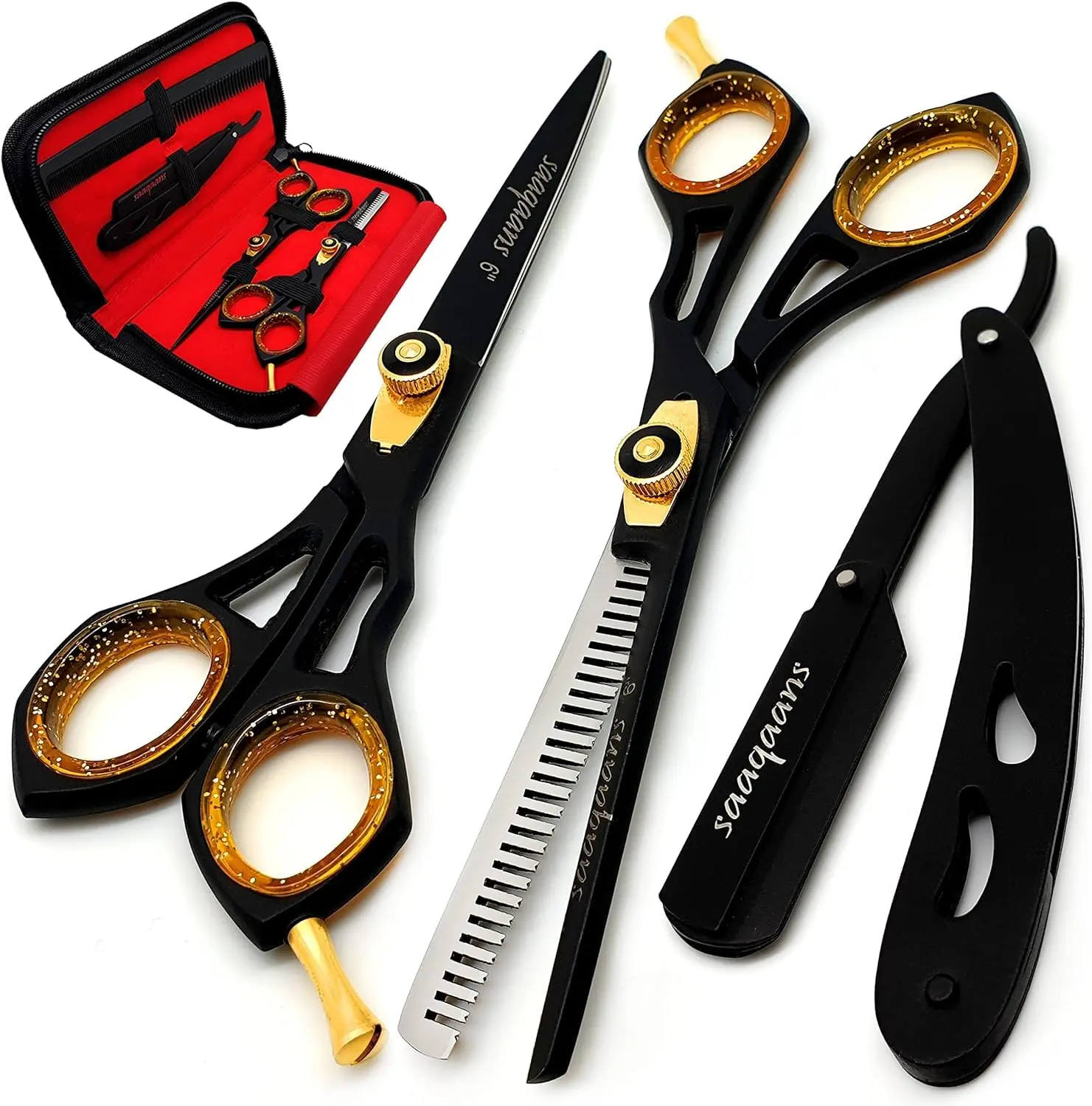 This professional Saaqaans hair cutting scissors set includes haircutting shears, thinning shears, a straight edge razor with blades, and a comb, all neatly stored in a luxury case, perfect for barbers and hairdressers.