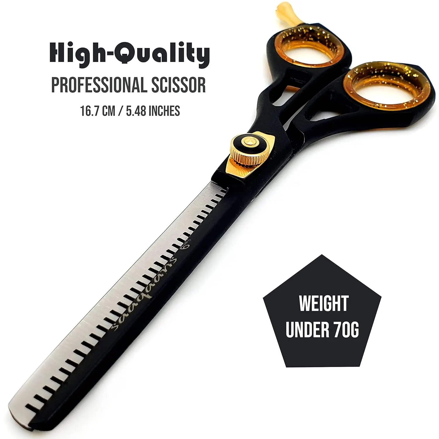 This professional Saaqaans hair cutting scissors set includes haircutting shears, thinning shears, a straight edge razor with blades, and a comb, all neatly stored in a luxury case, perfect for barbers and hairdressers.