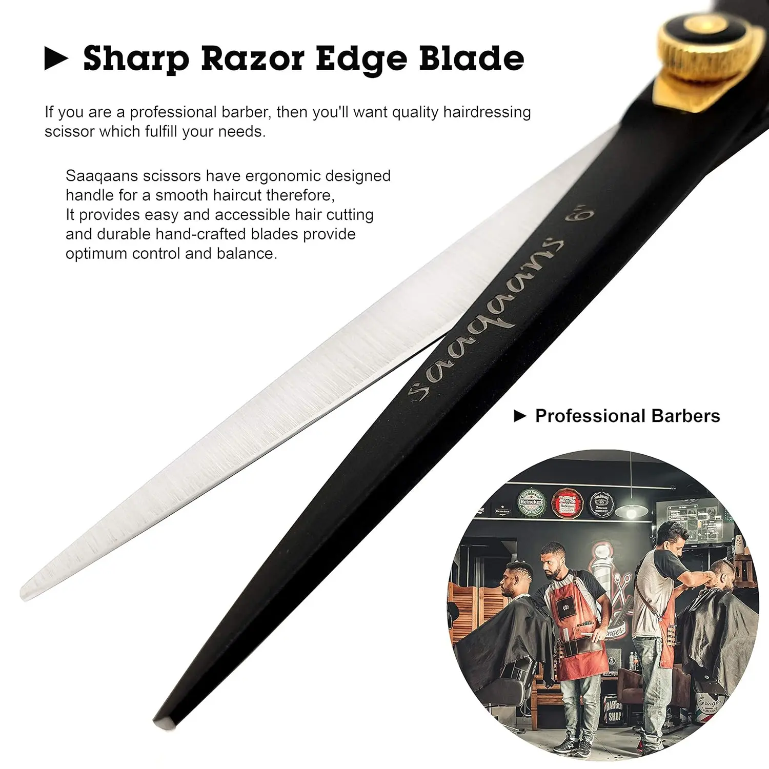 This professional Saaqaans hair cutting scissors set includes haircutting shears, thinning shears, a straight edge razor with blades, and a comb, all neatly stored in a luxury case, perfect for barbers and hairdressers.