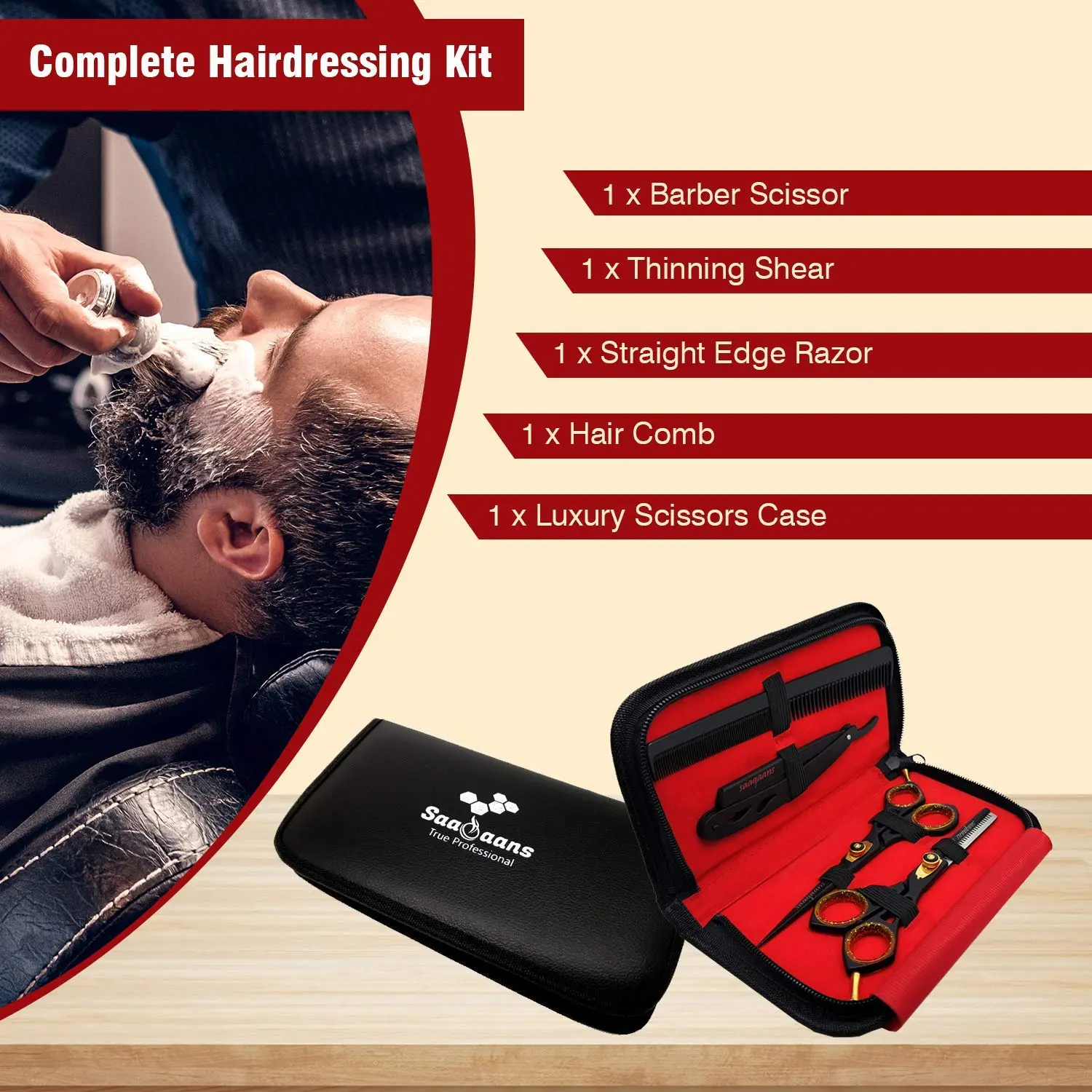 This professional Saaqaans hair cutting scissors set includes haircutting shears, thinning shears, a straight edge razor with blades, and a comb, all neatly stored in a luxury case, perfect for barbers and hairdressers.
