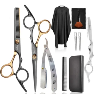This professional hair cutting scissors kit includes barber shears, thinning scissors, a straight edge razor, and other salon supplies for men's and women's haircuts.