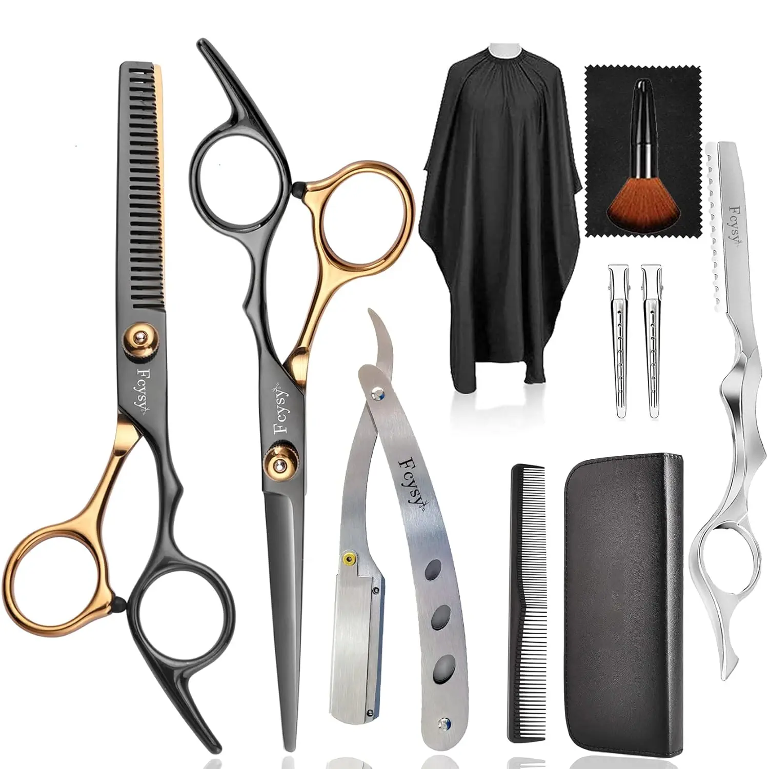 This professional hair cutting scissors kit includes barber shears, thinning scissors, a straight edge razor, and other salon supplies for men's and women's haircuts.