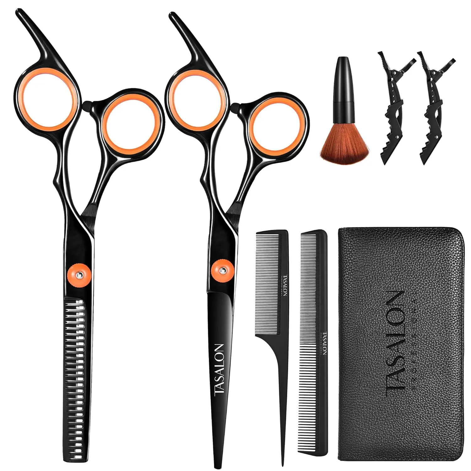 This all-in-one hair cutting kit includes professional hair shears, thinning scissors, a comb, neck duster, and a leather bag for easy haircuts at home or in the salon.