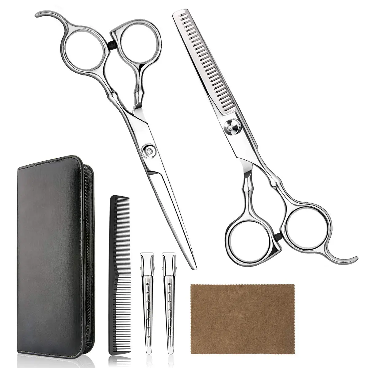 This professional home haircutting kit includes regular and thinning shears, a comb, hairpins, a cleaning cloth, and a case, perfect for men and women.