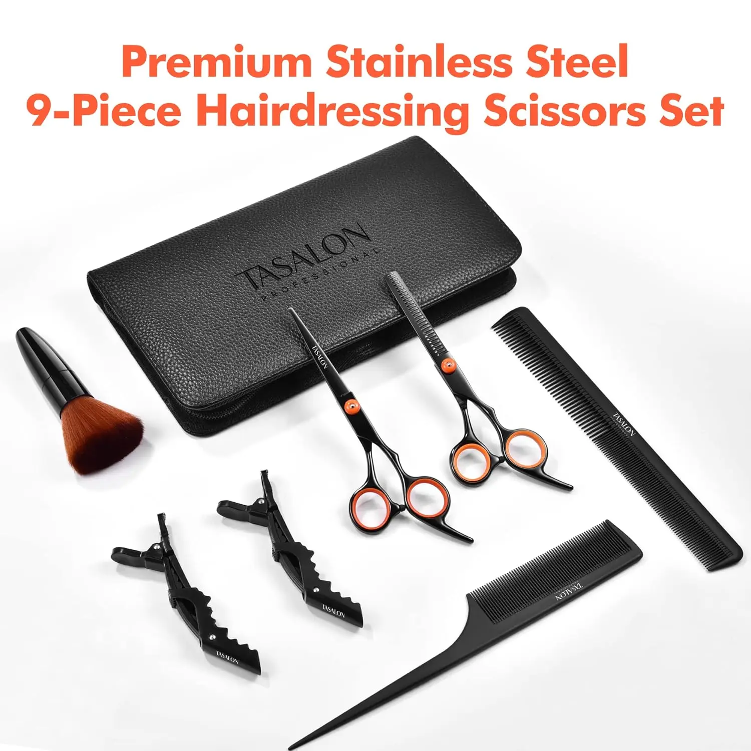 This all-in-one hair cutting kit includes professional hair shears, thinning scissors, a comb, neck duster, and a leather bag for easy haircuts at home or in the salon.