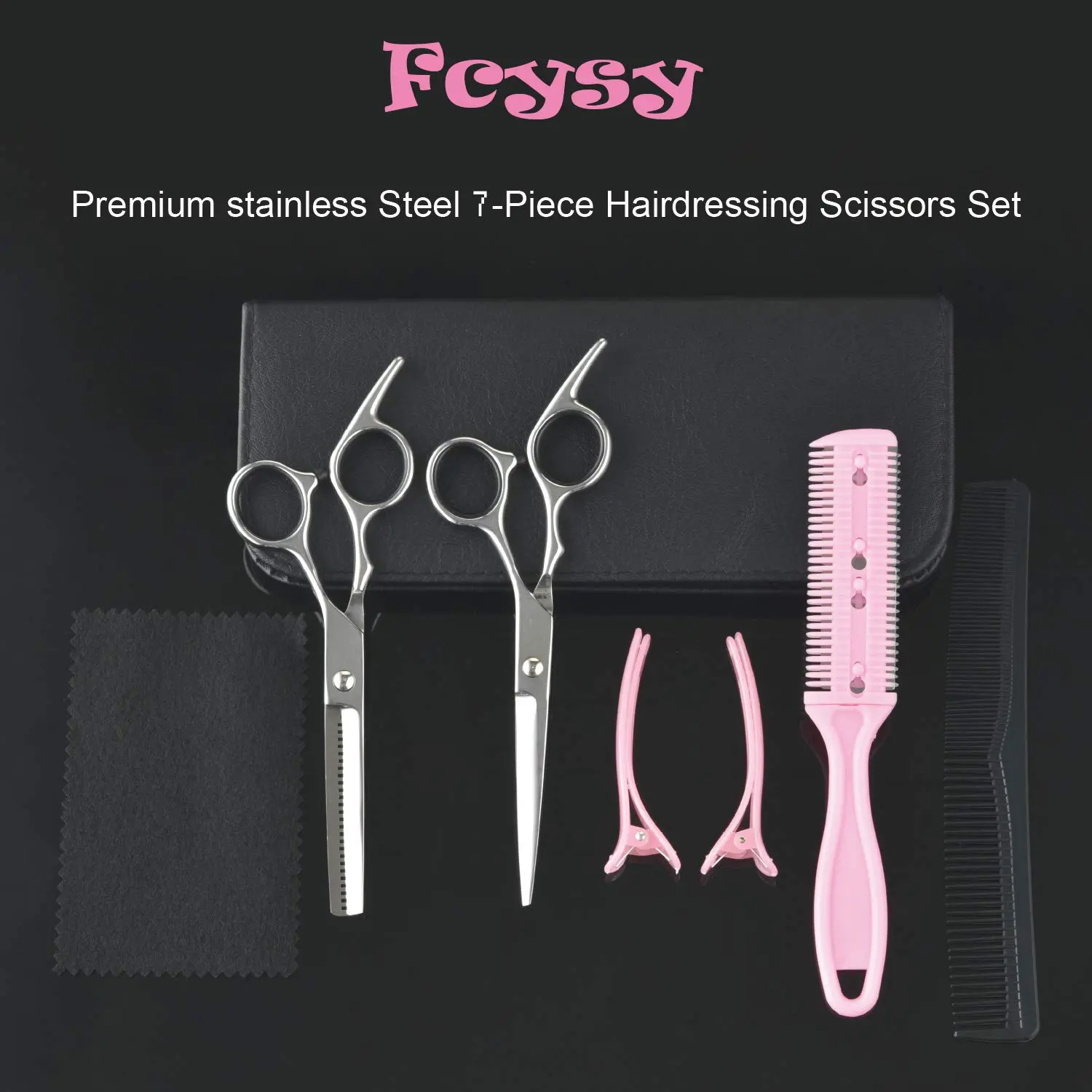 This 7-piece professional hair cutting kit includes sharp stainless steel barber shears, thinning shears, and accessories in a leather case for styling men, women, and pets.