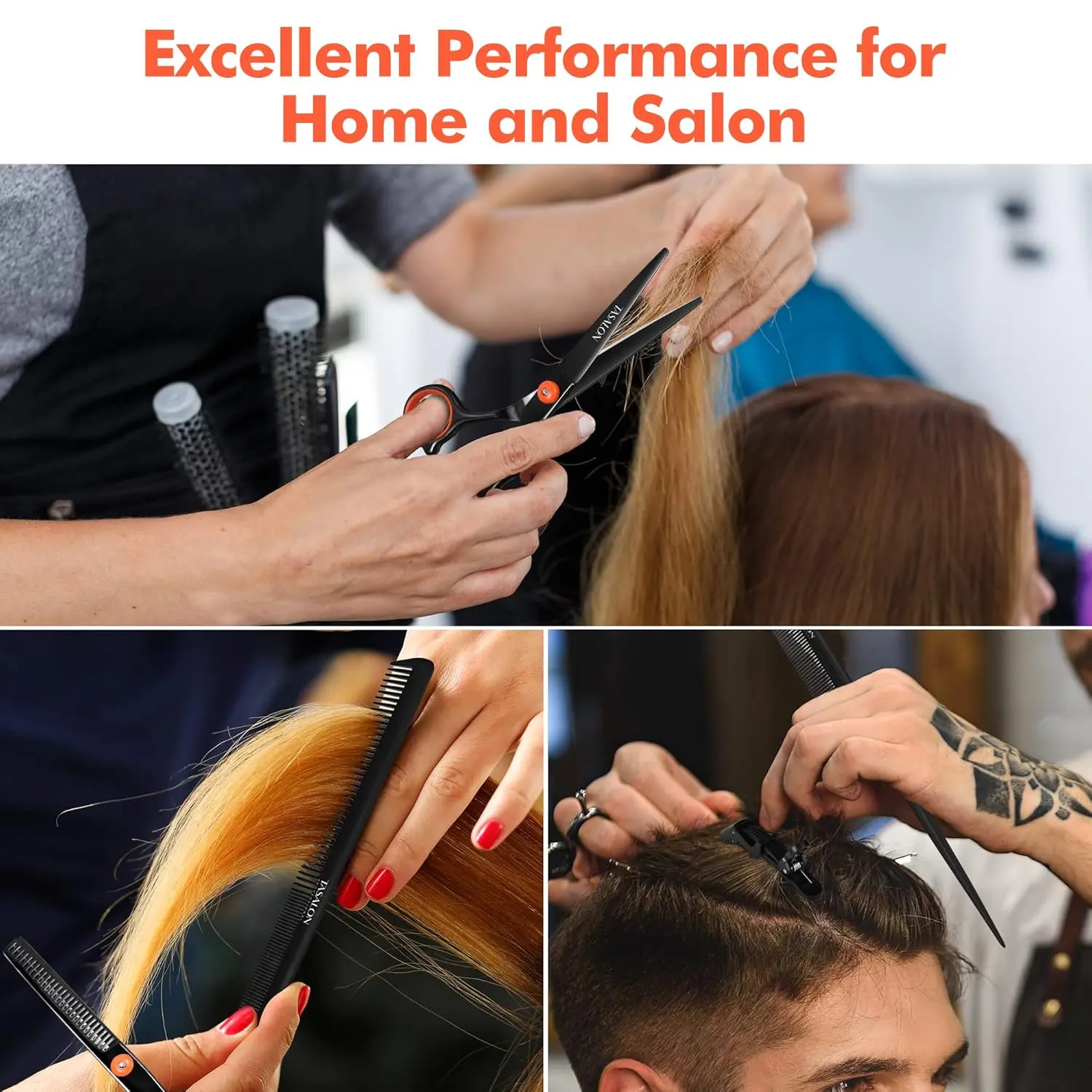 This all-in-one hair cutting kit includes professional hair shears, thinning scissors, a comb, neck duster, and a leather bag for easy haircuts at home or in the salon.