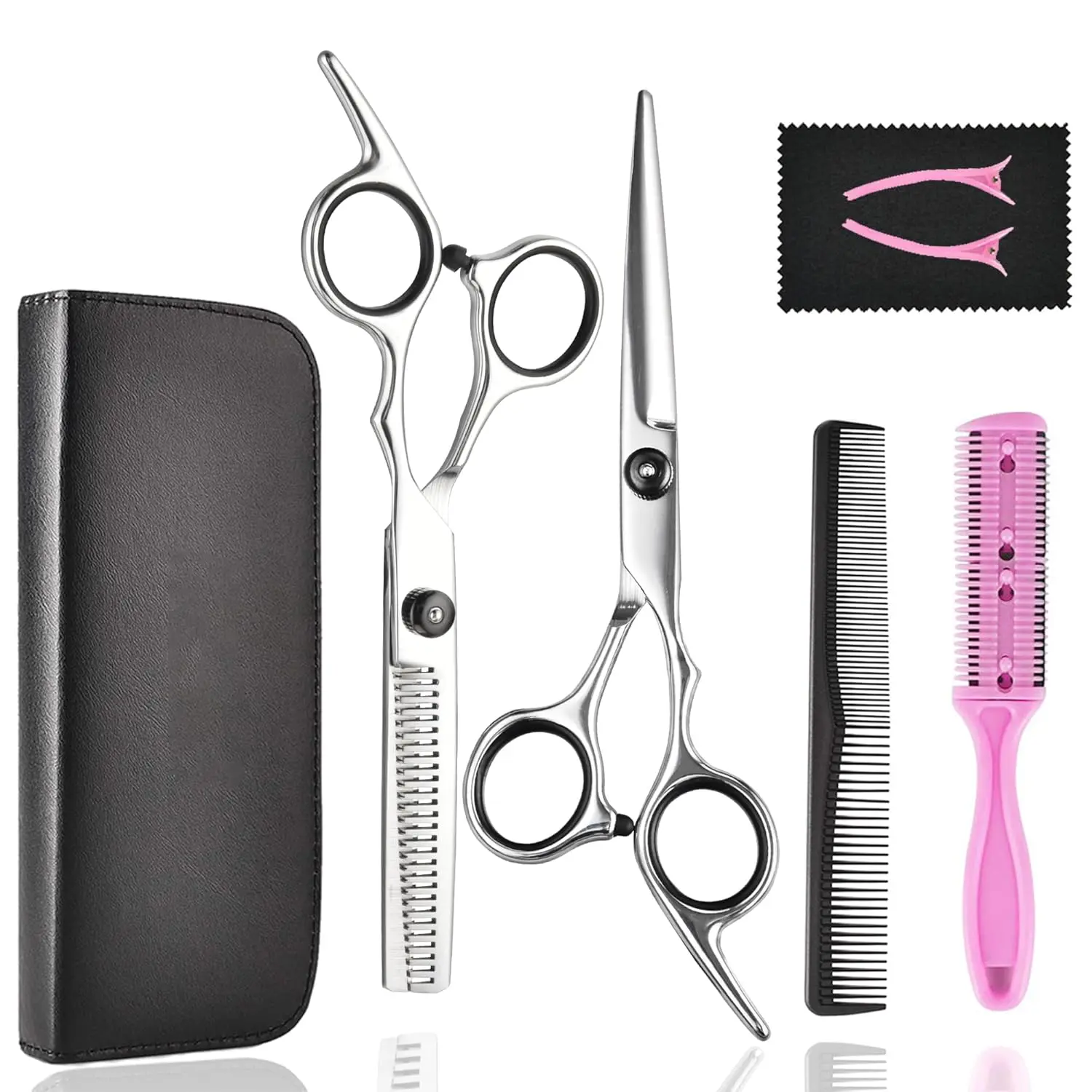This seven-piece hair cutting kit includes professional barber shears, thinning shears, and haircut accessories in a leather case for styling hair for women, men, and pets.