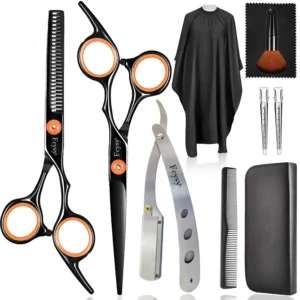 This professional hair cutting scissors set includes texturizing shears, a straight edge razor, barber cape and other essential tools for salon-quality haircuts at home.