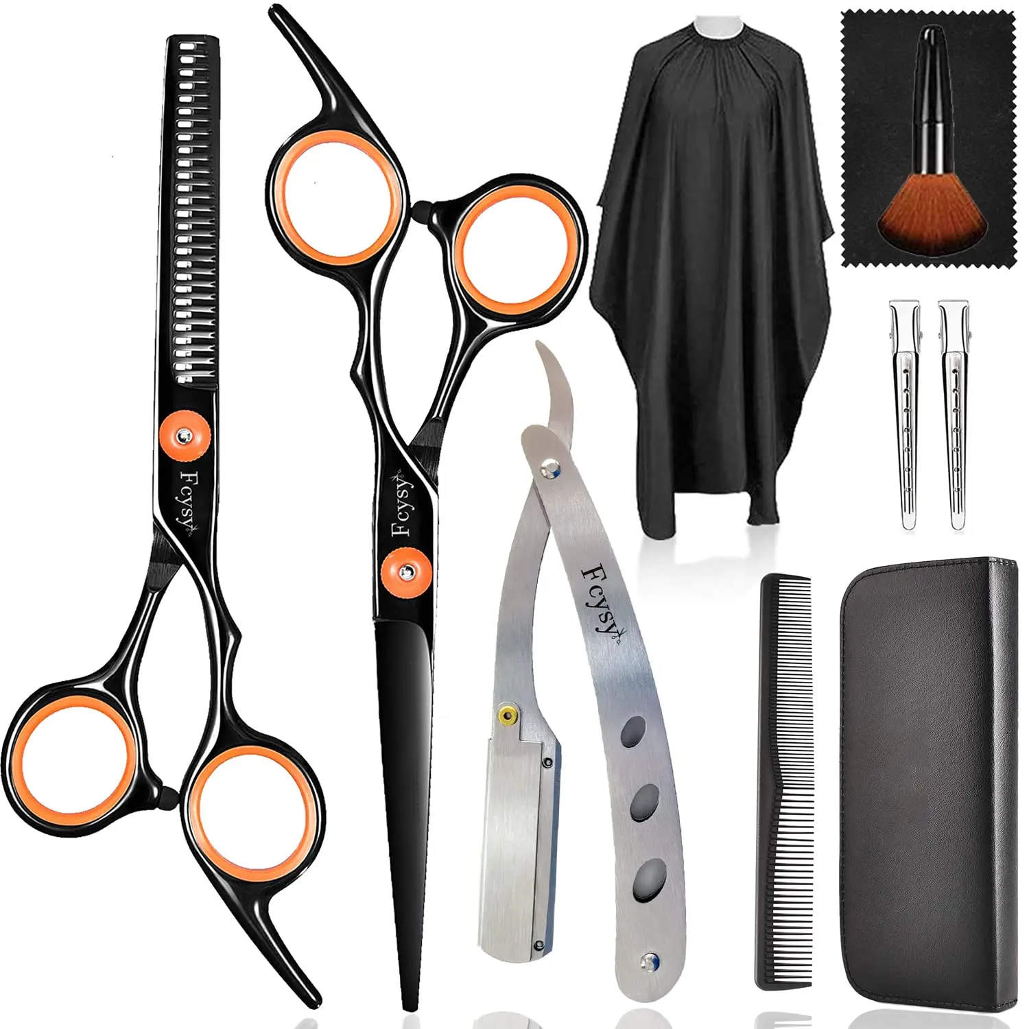 This professional hair cutting scissors set includes texturizing shears, a straight edge razor, barber cape and other essential tools for salon-quality haircuts at home.
