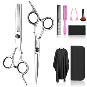 Professional 10-piece barber kit with sharp stainless steel hair cutting and thinning shears, ergonomic comfort-grip handles, and accessories in a leather case.