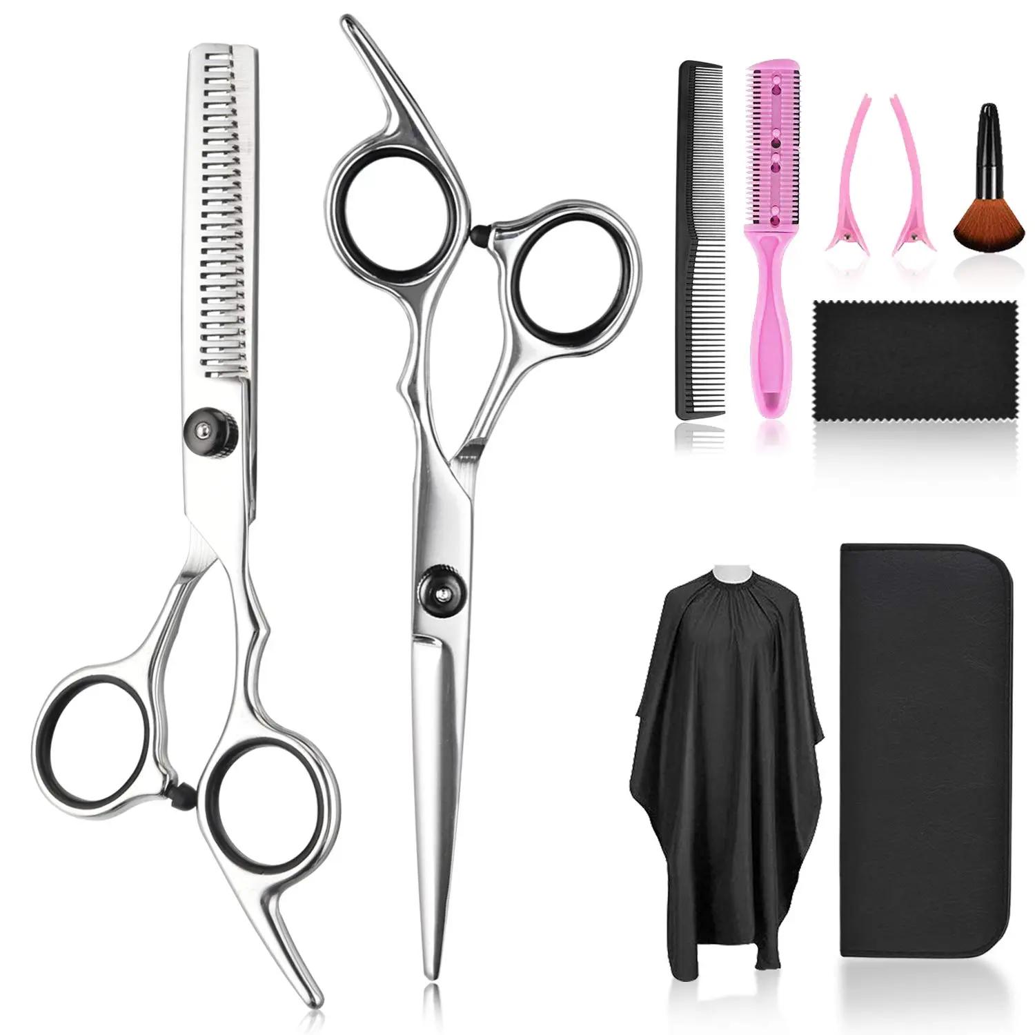 Professional 10-piece barber kit with sharp stainless steel hair cutting and thinning shears, ergonomic comfort-grip handles, and accessories in a leather case.