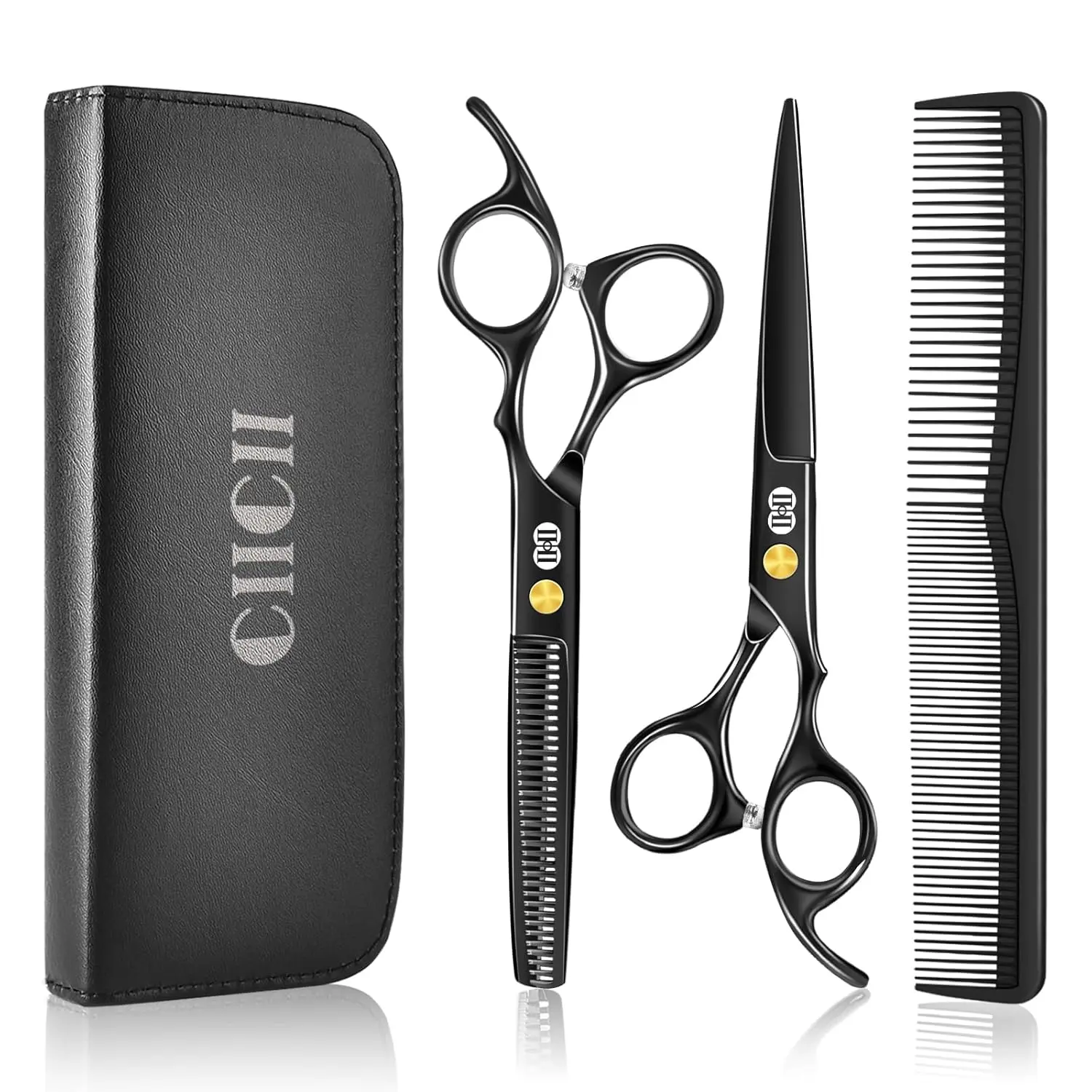 This hair cutting scissors set includes thinning shears and grooming tools for professional-looking haircuts at home, the salon, or for your pets.