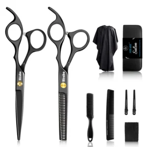 This 10 PCS hair cutting scissors set includes professional haircut scissors, thinning shears, comb, cape and clips for barbers, salons, or home use.