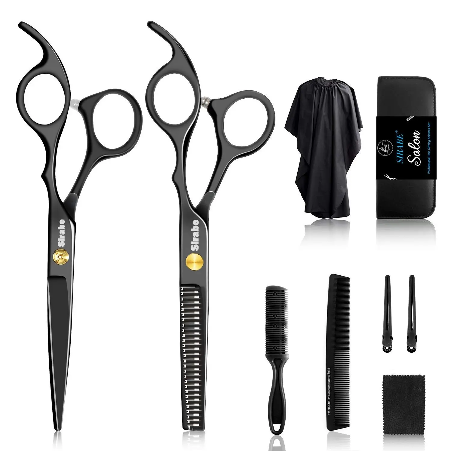 This 10 PCS hair cutting scissors set includes professional haircut scissors, thinning shears, comb, cape and clips for barbers, salons, or home use.