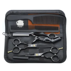 This black 5.5 inch hair cutting scissors set with a razor and leather case includes barber shears and thinning shears, perfect for professional hairdressers or home use.
