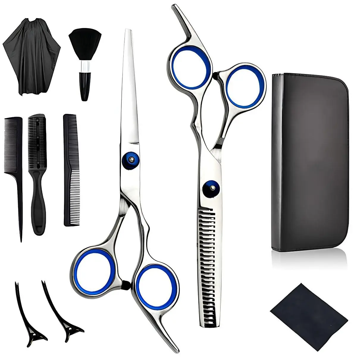 This 11-piece professional hairdressing scissor set includes haircutting and thinning shears, clips, combs, and a barber cape for salon or home use.