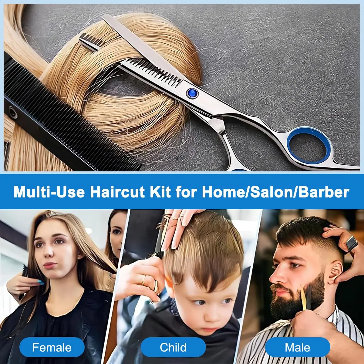 This 11-piece professional hairdressing scissor set includes haircutting and thinning shears, clips, combs, and a barber cape for salon or home use.