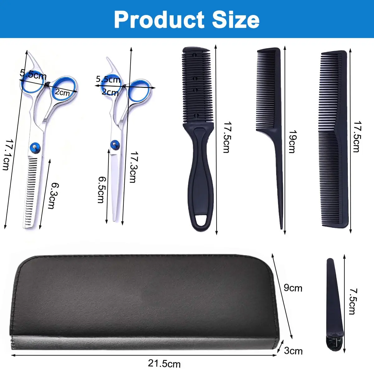 This 11-piece professional hairdressing scissor set includes haircutting and thinning shears, clips, combs, and a barber cape for salon or home use.