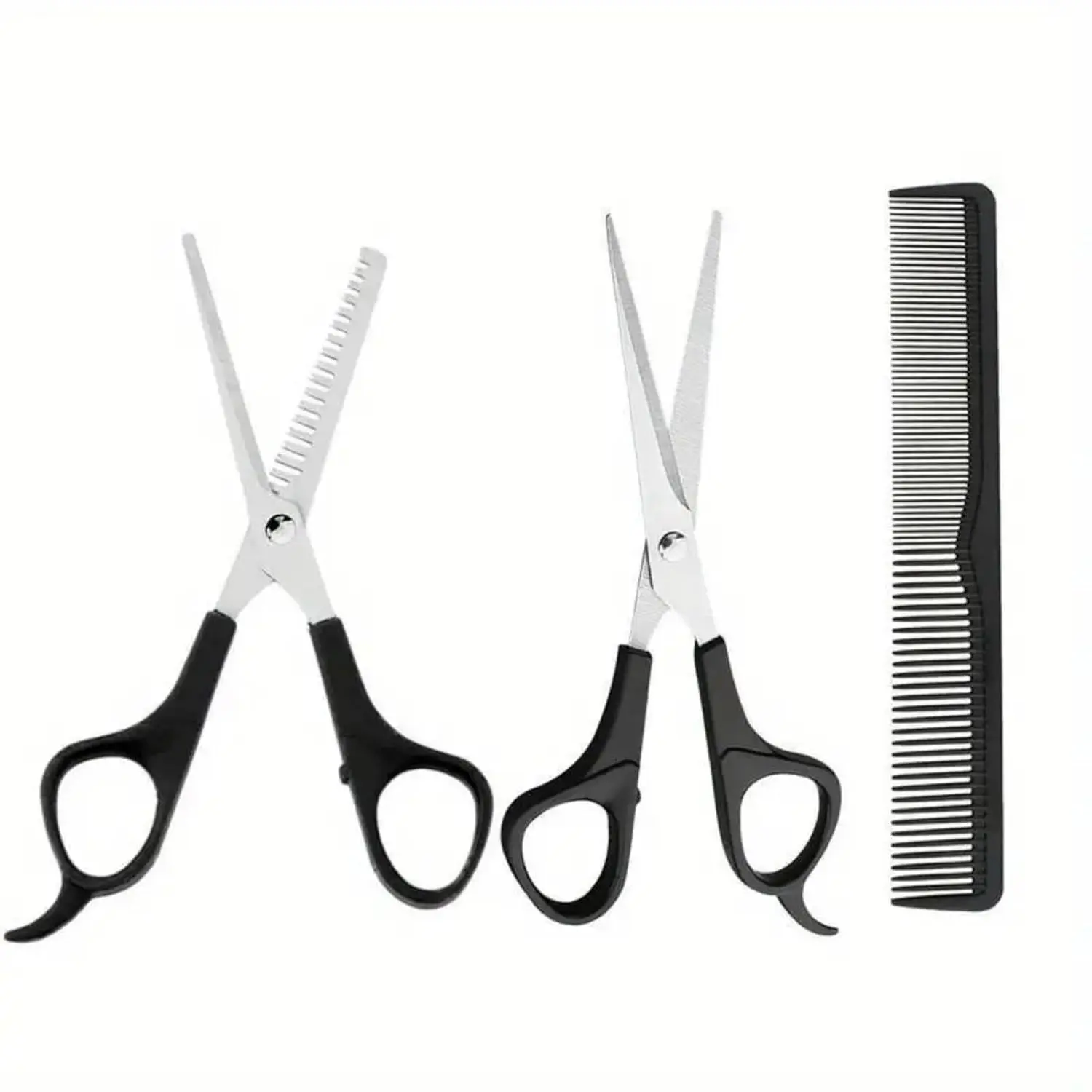 This three-piece stainless steel hair cutting set includes shears, thinning scissors, and a comb for professional or home use on men, women, and pets.