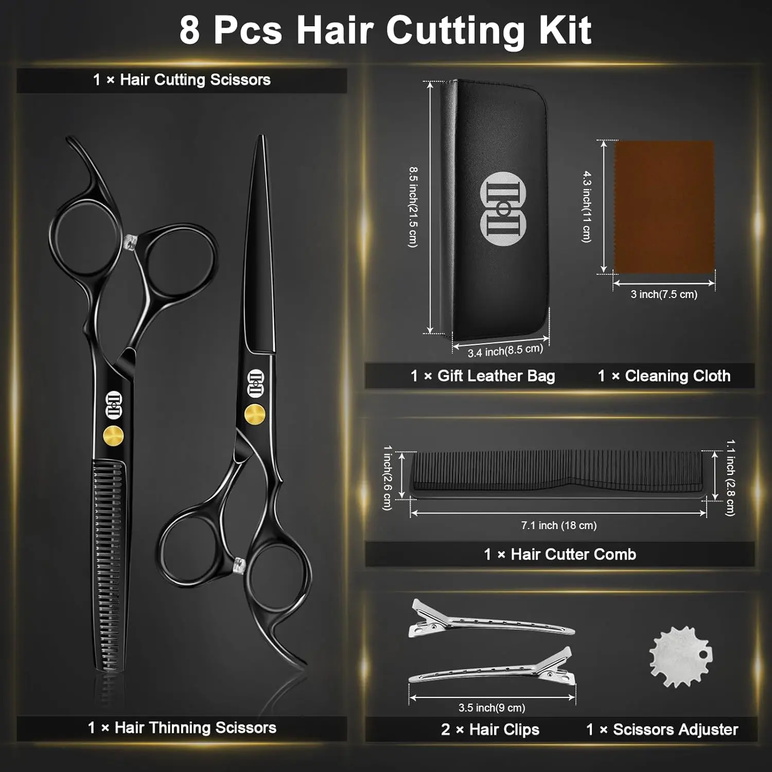 This hair cutting scissors set includes thinning shears and grooming tools for professional-looking haircuts at home, the salon, or for your pets.