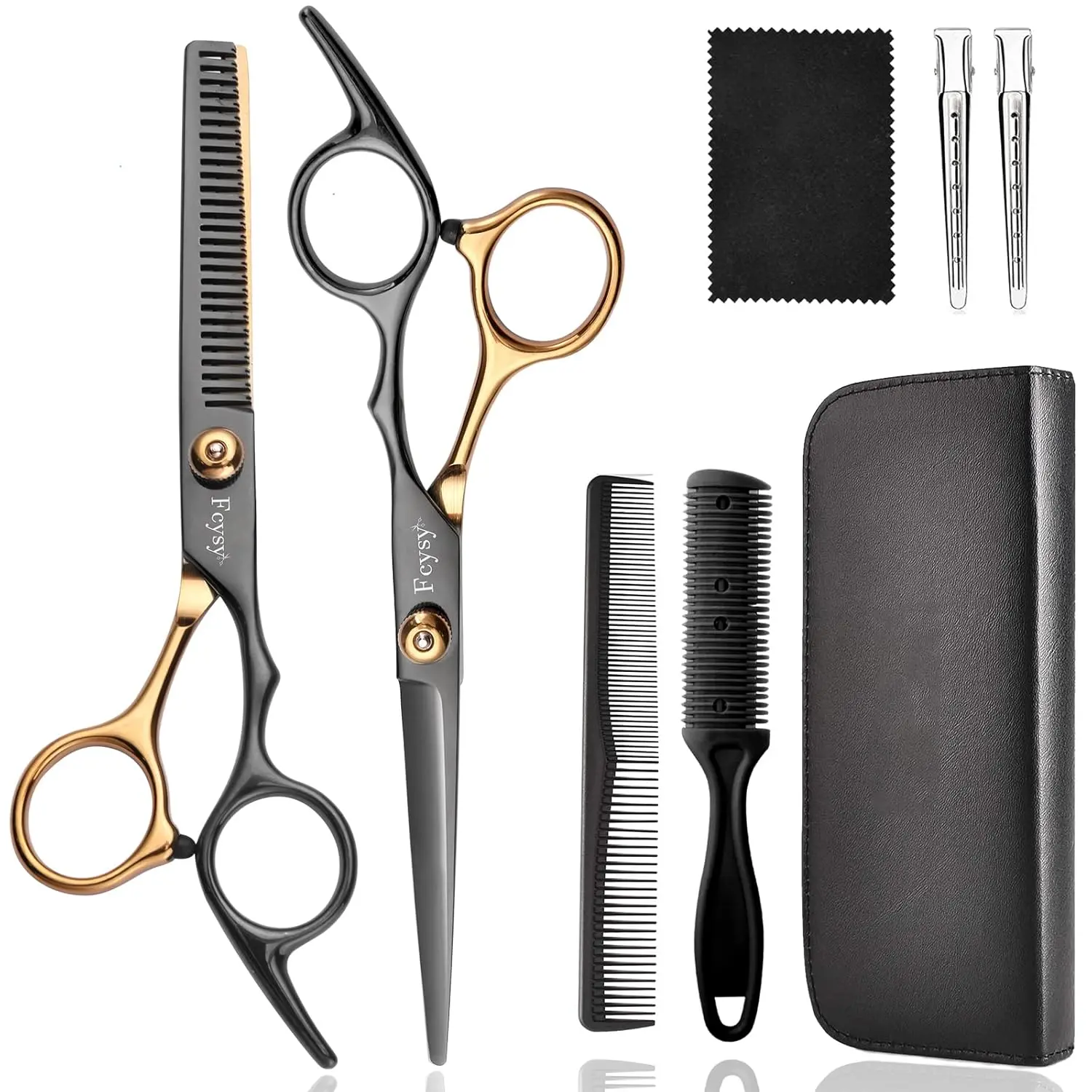 This professional hair cutting scissors set includes texturizing shears, a straight edge razor, barber cape and other essential tools for salon-quality haircuts at home.