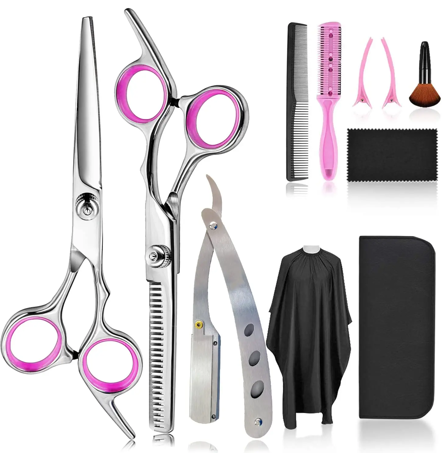 Professional 10-piece barber kit with sharp stainless steel hair cutting and thinning shears, ergonomic comfort-grip handles, and accessories in a leather case.