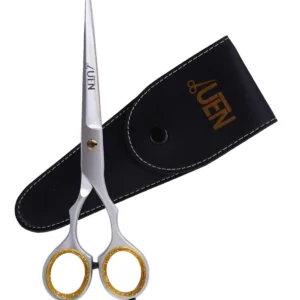 Professional stainless steel hair cutting scissors with an ergonomic offset grip for comfortable and precise haircuts at home or in a salon.