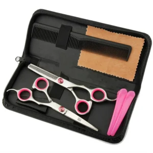 A 6-inch rose red professional hair cutting shears set with a leather case, featuring micro-serrated blades and an adjustable tension screw for home or barber use.