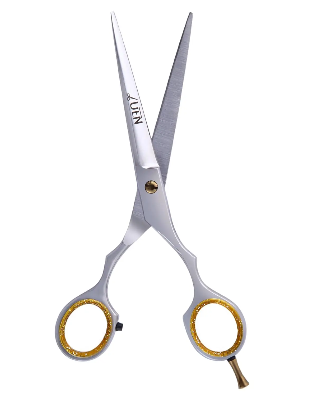 Professional stainless steel hair cutting scissors with an ergonomic offset grip for comfortable and precise haircuts at home or in a salon.