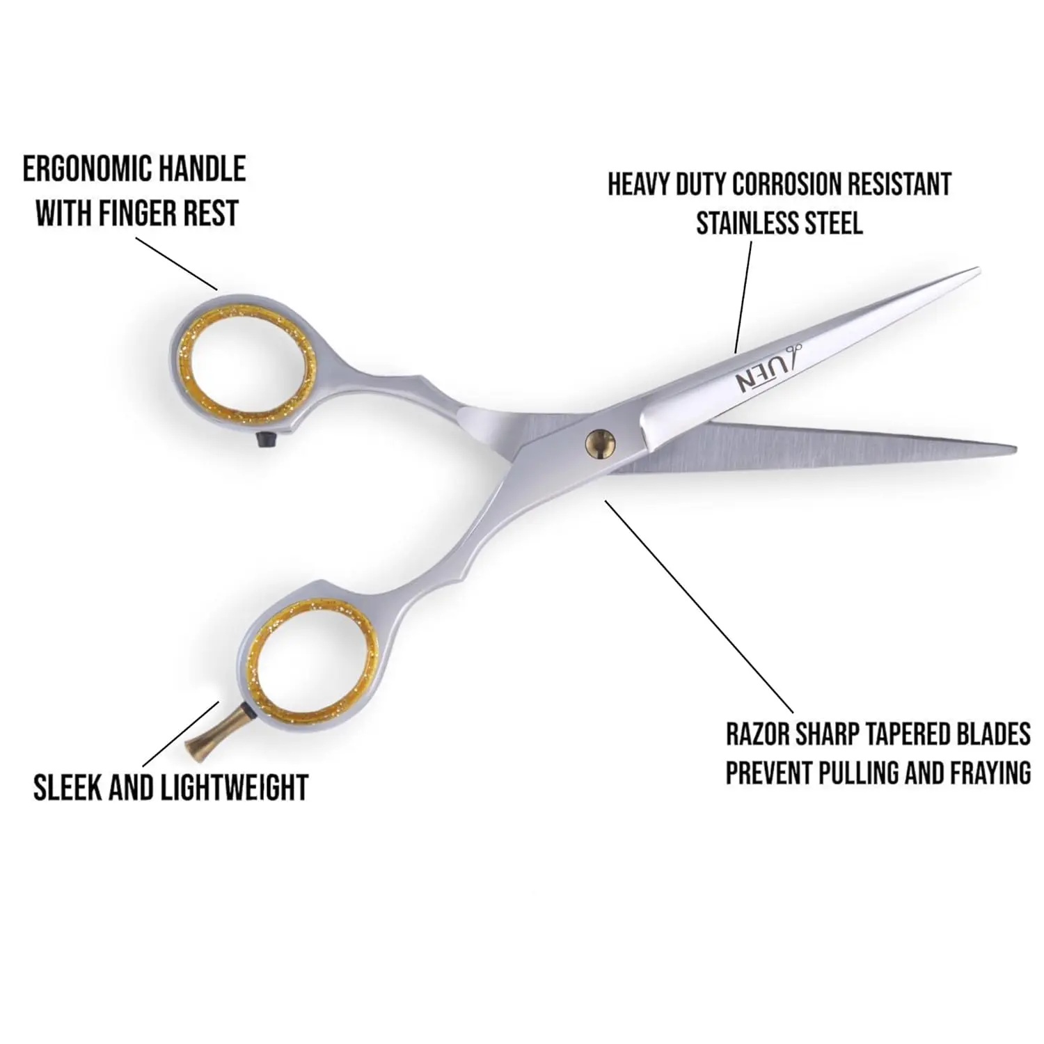Professional stainless steel hair cutting scissors with an ergonomic offset grip for comfortable and precise haircuts at home or in a salon.
