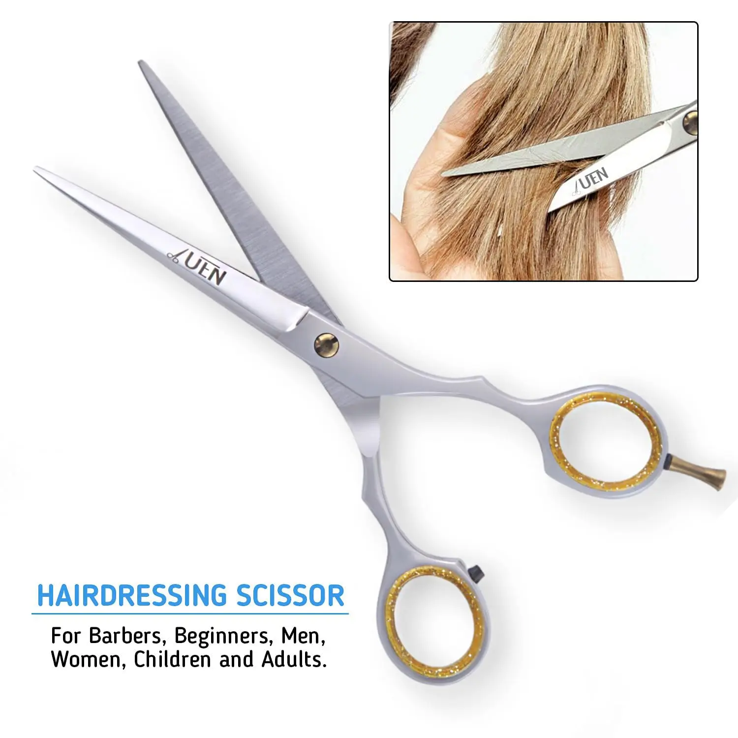 Professional stainless steel hair cutting scissors with an ergonomic offset grip for comfortable and precise haircuts at home or in a salon.