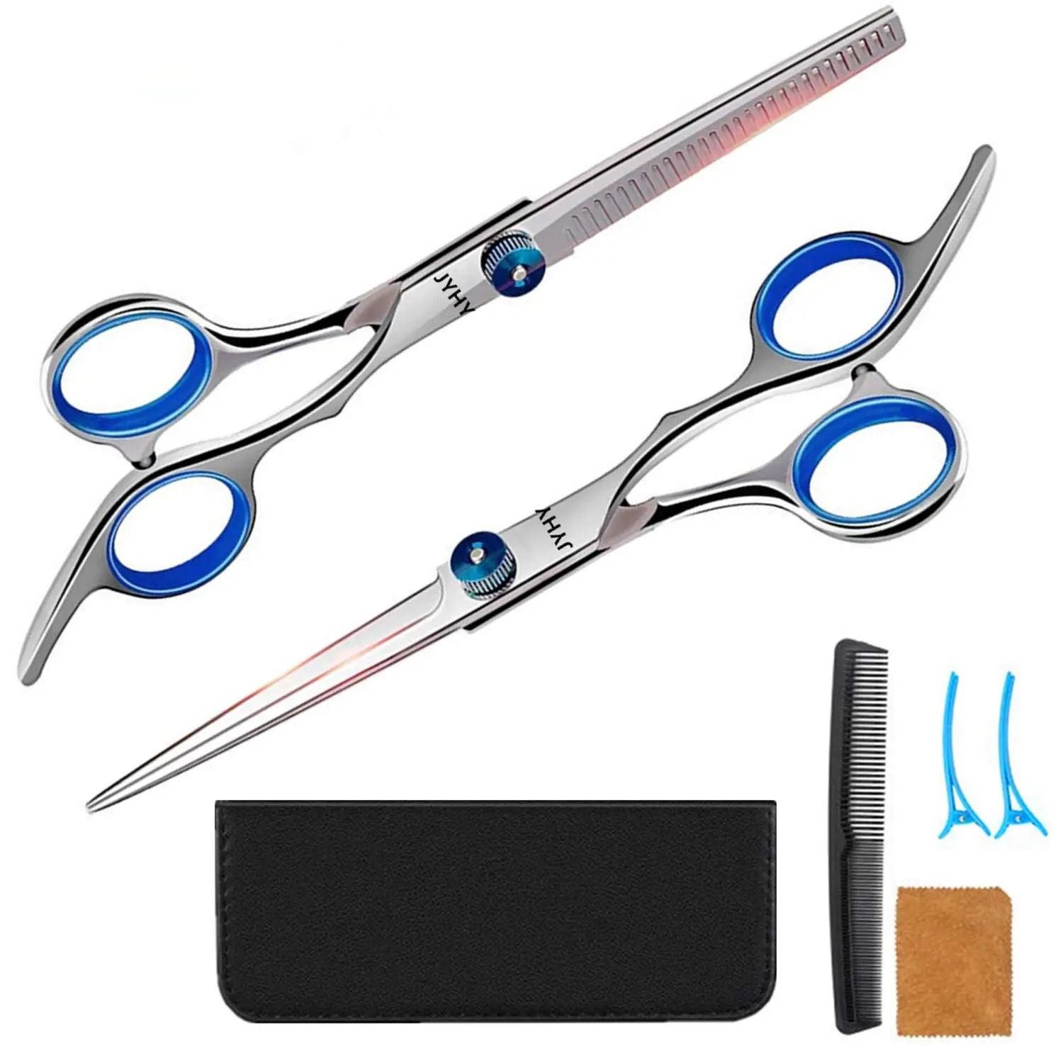 A 6-inch rose red professional hair cutting shears set with a leather case, featuring micro-serrated blades and an adjustable tension screw for home or barber use.