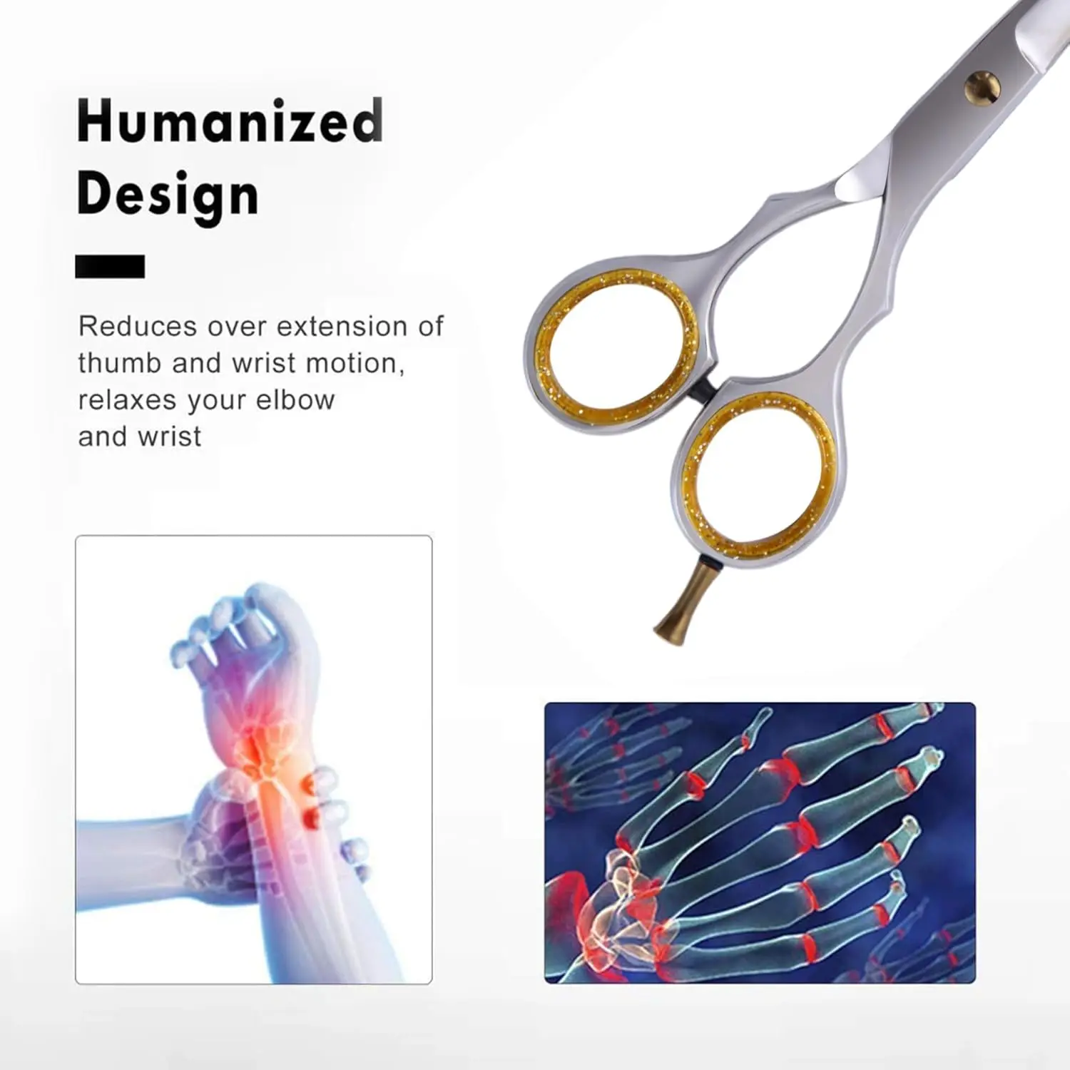 Professional stainless steel hair cutting scissors with an ergonomic offset grip for comfortable and precise haircuts at home or in a salon.