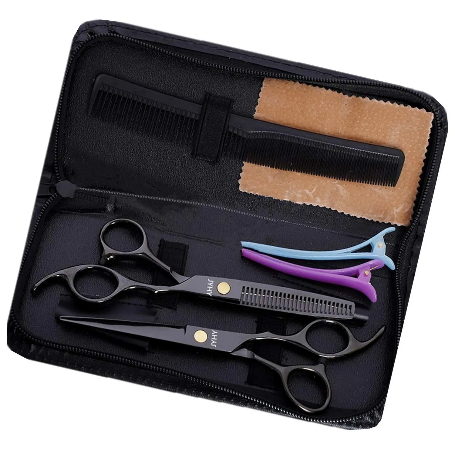 A 6-inch rose red professional hair cutting shears set with a leather case, featuring micro-serrated blades and an adjustable tension screw for home or barber use.