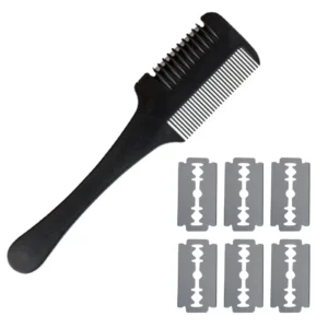 A double-sided hair cutting trimmer with six replacement blades for easy haircuts at home.